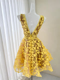 Vintage Golden Backless Yellow Lace Dress