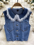 Ruffled Hem Lace Denim Vest and Skirt Set