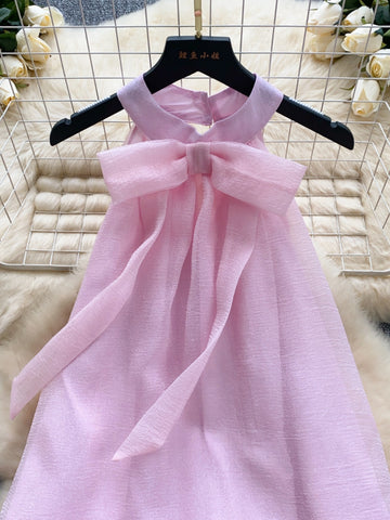 Ruffled Hem Pink Bow Tie Mini Dress