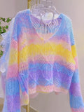 Knit V-Neck Fluffy Pastel Rainbow Sweater