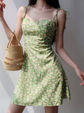 Summer Green Daisy Print Spaghetti Strap Dress