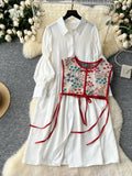 Elegant Floral Embroidered Vest White Dress Set