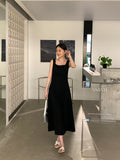Elegant Black Midi Dress with Square Neckline