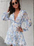 Long Sleeve Deep V-Neck Flowy Skirt Floral Dress