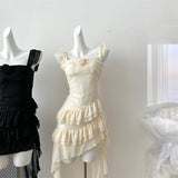 Champagne Asymmetrical Hem Floral Ruffle Dress