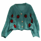 Embroidered Strawberry Crochet Long-sleeved Knitted Cardigan