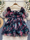 Midnight Rose Puff-Sleeve Dress
