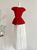 Red Polka Dot Peplum Top Pleated Maxi Skirt