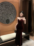 French temperament hanging neck backless velvet slim dress