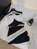 White Ruffled Overlay Strapless Black Mini Dress