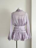 Purple 3 Piece Sheer Long  Sleeve Blouse With Skirt