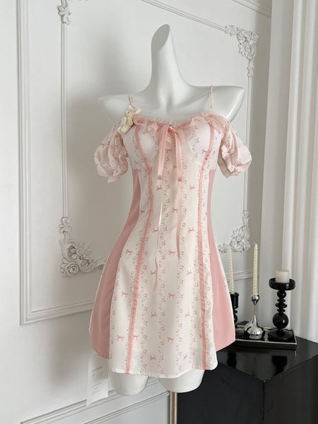 Sweet Pink and White Off Shoulder Mini Dress