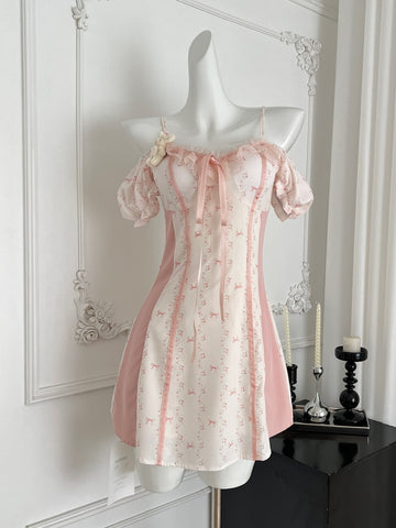 Sweet Pink and White Off Shoulder Mini Dress