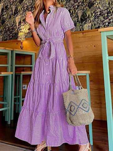 Ruffled Hem Purple Striped Midi Dress