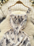 Elegant Ivory Butterfly Print Summer Dress