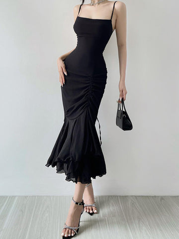 Black Spaghetti Strap Asymmetrical Ruffle Dress