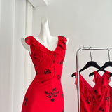 Delicate Floral Embellishments Flared Hem Red Maxi Dress