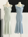 Ruffle Straps Sky-Blue Mermaid Maxi Party Dress