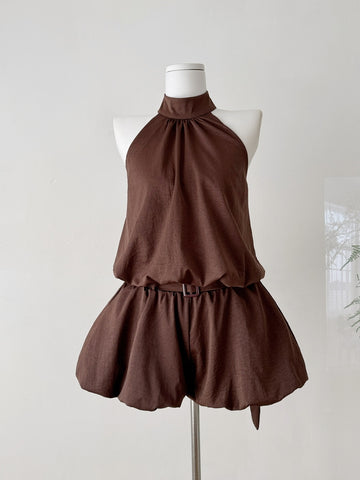 Halter Brown Romper Puff Belt Shorts