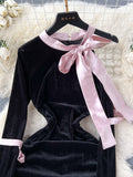 Playful Pink Ribbons Black Velvet Mini Dress