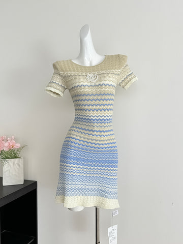 Aesthetic Gradient Chevron Knitted Short Sleeve Bodycon Mini Dress