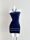 Navy Blue Fuzzy Knit Halter Neck Mini Dress