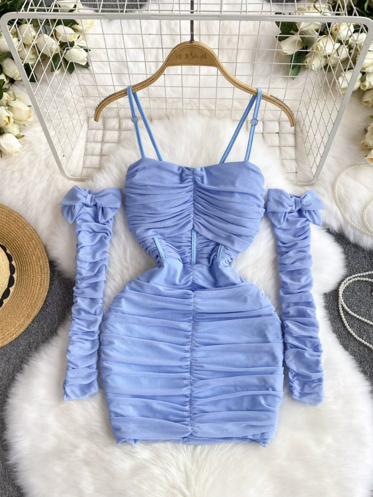 2024 Serene Sky Blue Ruched Bodycon Dress with Sleeves Ncocon 2024 Serene Sky Blue Ruched Bodycon Dress with Sleeves Ncocon