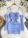 Serene Sky Blue Ruched Bodycon Dress with Sleeves