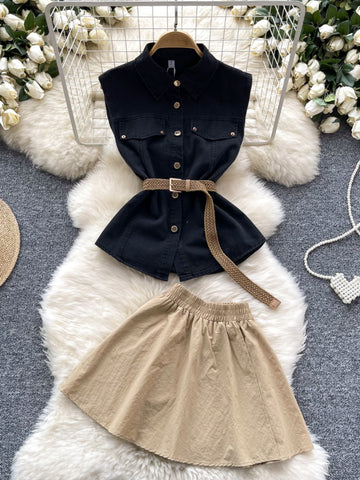 Black Denim Top Beige Skirt Two-Piece Outfit
