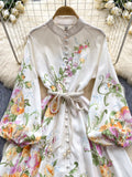 Long Sleeves Waist Tie Floral Print Maxi Dress