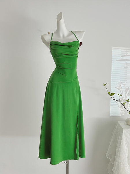 Elegant Green Ruched Bodice Halter Maxi Dress
