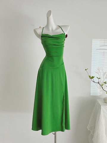 Elegant Green Ruched Bodice Halter Maxi Dress