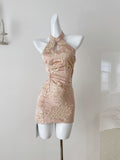 Exquisite Floral Embroidery Halter Mini Dress