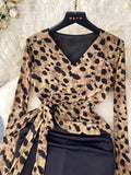 Animal Print Wrap Dress with Sleek Black Skirt