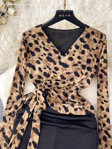 Animal Print Wrap Dress with Sleek Black Skirt