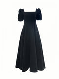 Square Neck Tea Length Black Dress