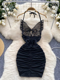 Halter Neck Ruched  Black Butterfly Mini Bodycon Dress