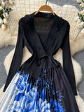 Black Wrap Top Blue Floral Pleated Skirt Ensemble