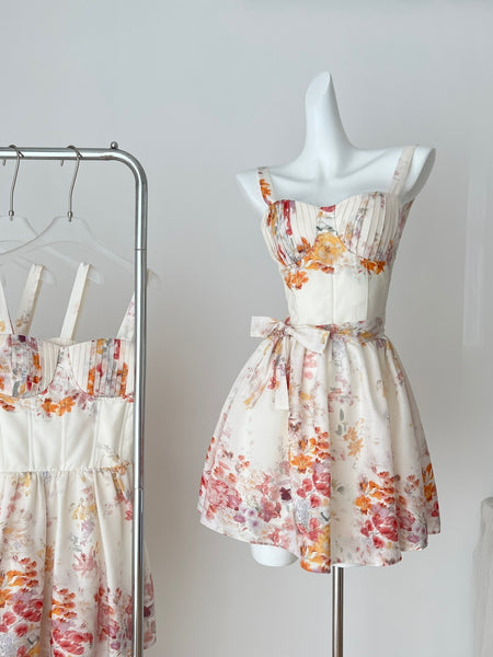Charming Floral Strappy Corset Style Belted Mini Dress