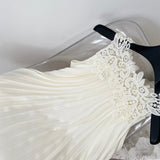 Lace Neckline & Belt White Pleated Dress