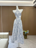 Blue Rose Print Handmade Twisted Rope Waist-revealing Long Dress