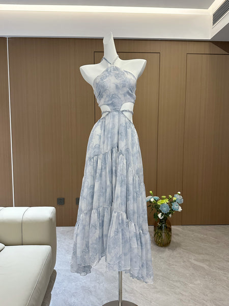 Blue Rose Print Handmade Twisted Rope Waist-revealing Long Dress