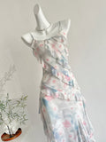Ruffles Watercolor Print Spaghetti Strap Midi Dress