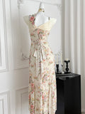 Ruched Bodice Sash One Shoulder Floral Print Maxi Dress