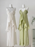 Ruffled Spaghetti Strap Sage Green Set