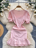 Puff Sleeves Pink Midi Ruffled Hem Dress