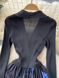 Black Wrap Top Blue Floral Pleated Skirt Ensemble