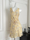 V Neck Yellow Floral Print Midi Dress