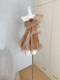 Nude Rose Ruffled Layers Off Shoulder Tulle Mini Dress