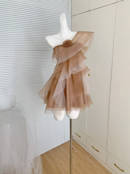 Nude Rose Ruffled Layers Off Shoulder Tulle Mini Dress